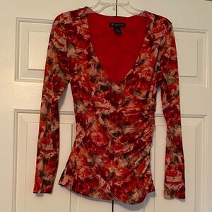 INC International Concepts Red Rose Print Wrap-Style Long Sleeve Top
